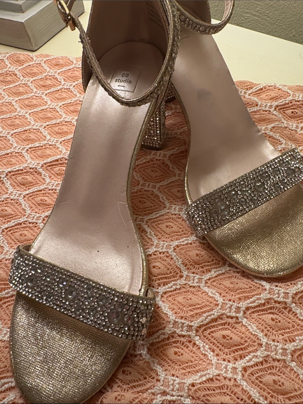 DB Studio Gold Crystal Block-Heel Sandals